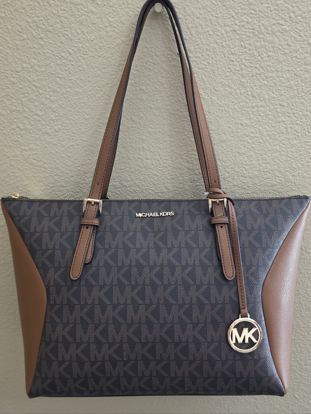 Michael Michael Kors Coraline Gold/ Brown & Dark Brown MK Monogram Canvas Tote